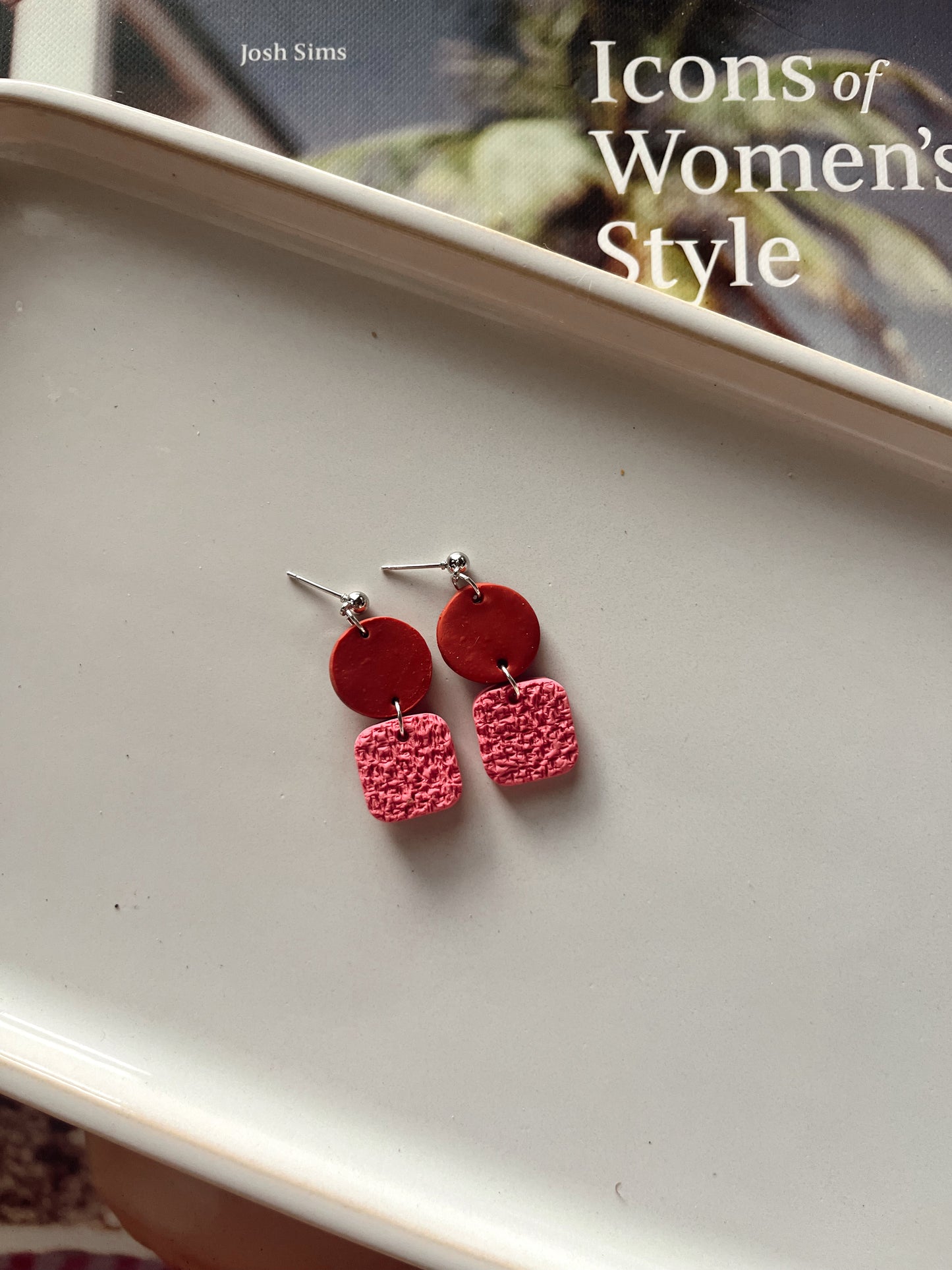 small, textured pink and terracotta earrings