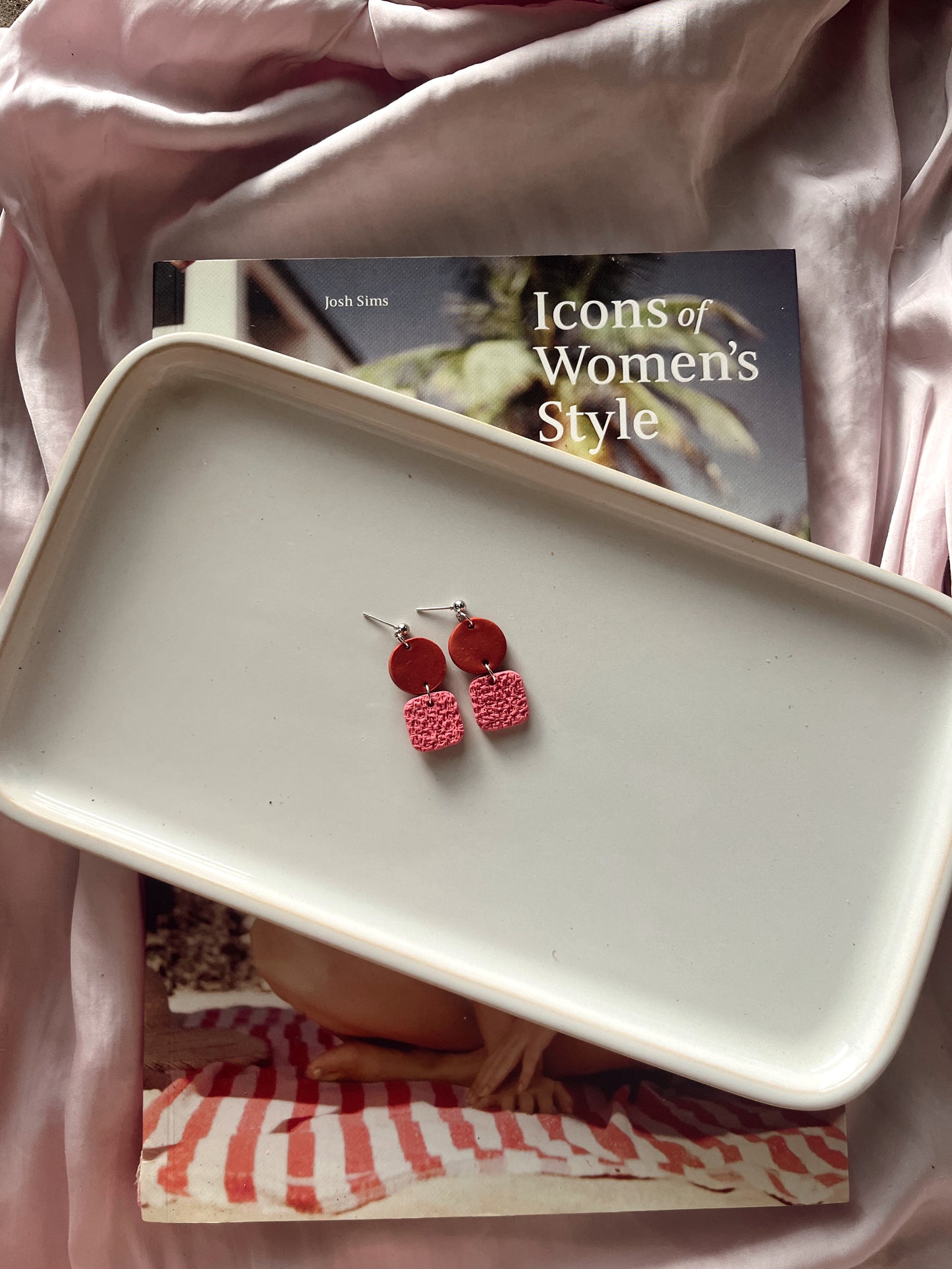 small, textured pink and terracotta earrings